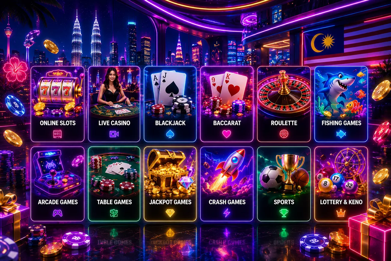 Casino game categories available in Malaysia: online slots, live casino, blackjack, baccarat, roulette, fishing games, arcade games, table games, jackpot games, crash games, sports betting, and lottery and keno