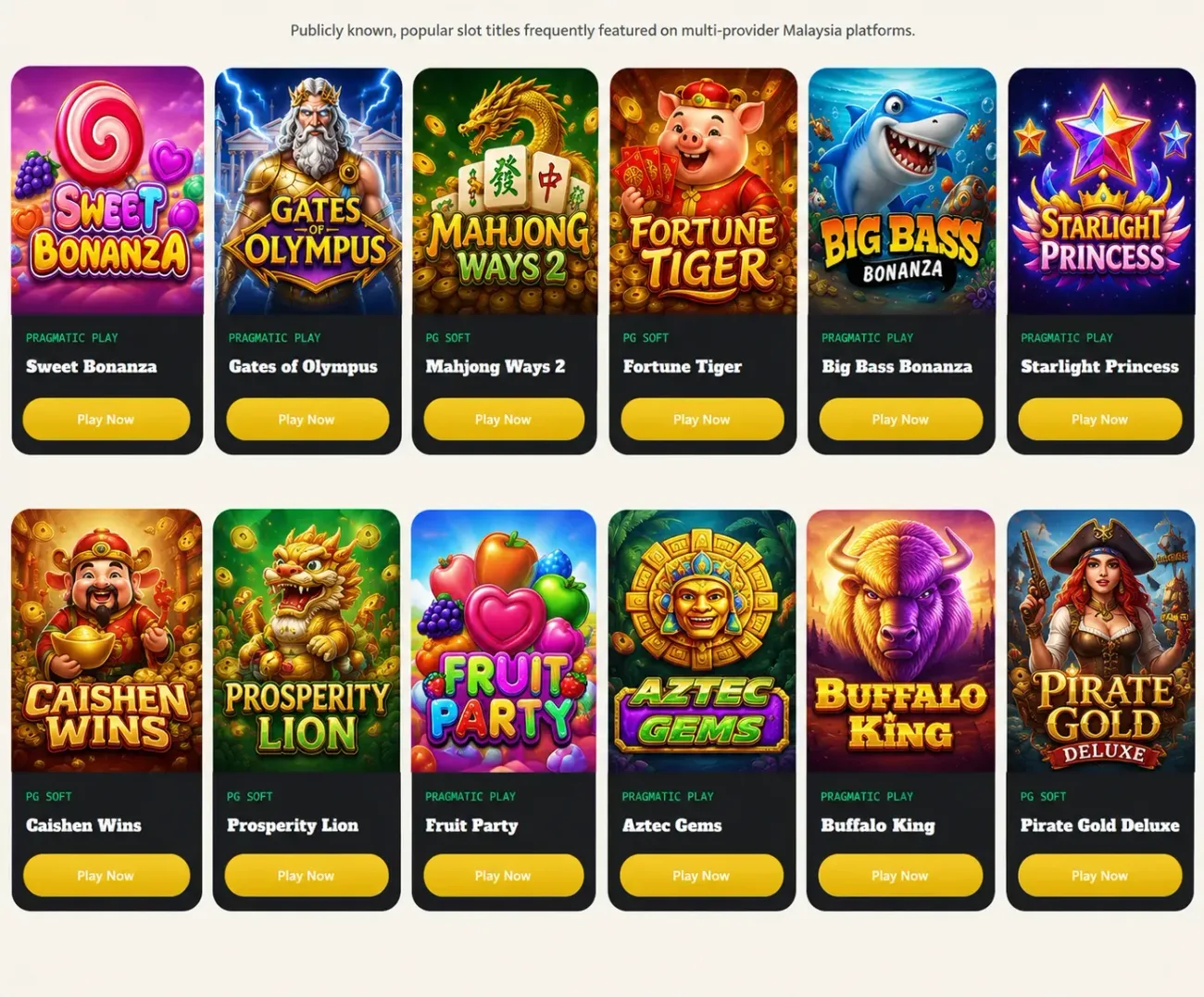 Grid of the most played casino games in Malaysia: Sweet Bonanza, Gates of Olympus, Mahjong Ways 2, Fortune Tiger, Big Bass Bonanza, Starlight Princess, Caishen Wins, Prosperity Lion, Fruit Party, Aztec Gems, Buffalo King and Pirate Gold Deluxe
